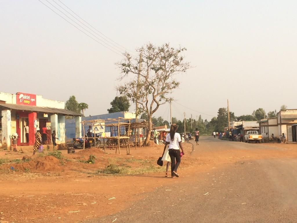 Village outside Kisumu with Airtel mobile money transfer office at left. Photo by J. Mark Souther. All rights reserved.